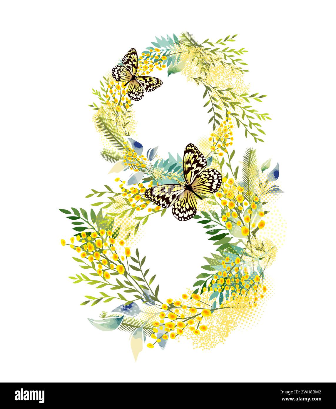 Dall'8 marzo mimosa con farfalla. disegno a mano. Non IA . Illustrazione vettoriale Illustrazione Vettoriale