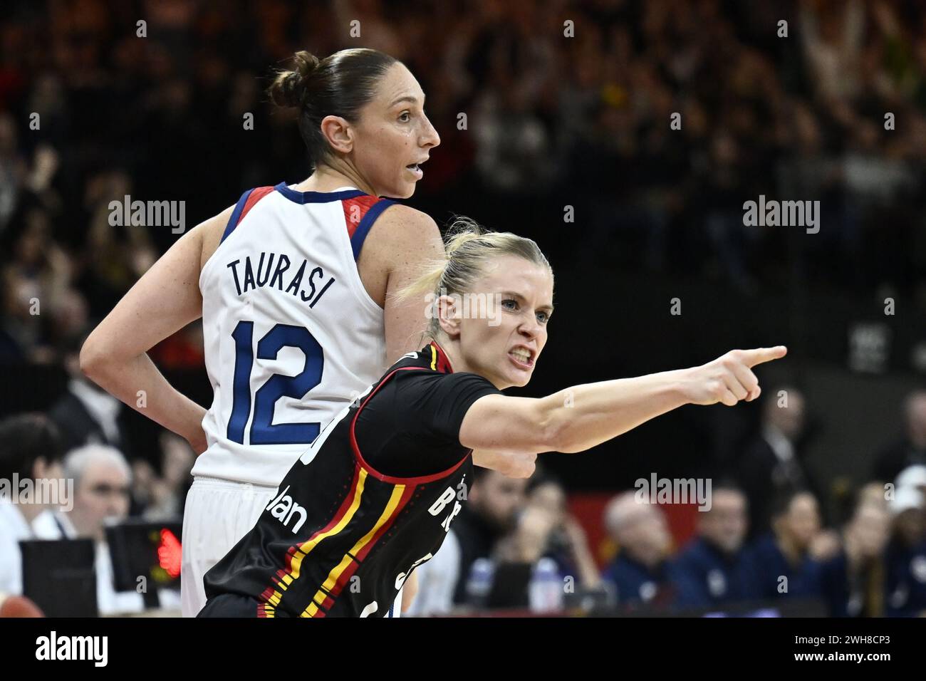 Anversa, Belgio. 8 febbraio 2024. Diana Taurasi degli Stati Uniti e Julie Vanloo del Belgio sono state ritratte in azione durante una partita di basket tra la nazionale belga femminile "The Belgian Cats" e gli Stati Uniti, giovedì 8 febbraio 2024 ad Anversa, durante il torneo di qualificazione femminile FIBA per le Olimpiadi estive del 2024 a Parigi, Francia. BELGA FOTO DIRK WAEM credito: Belga News Agency/Alamy Live News Foto Stock