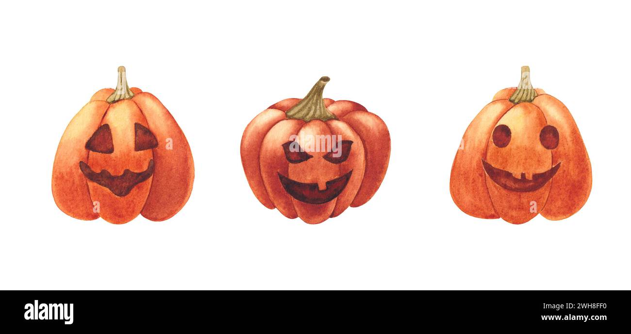 Set di zucche di Halloween. Illustrazione acquerello isolata su sfondo bianco Foto Stock