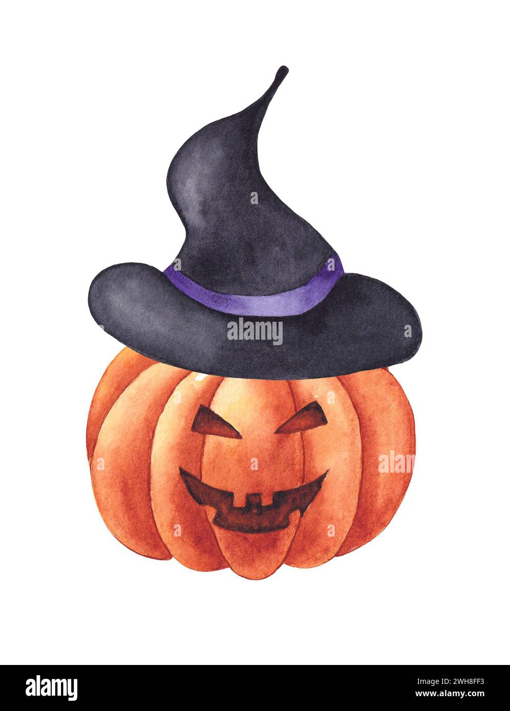 Illustrazione acquerello della zucca di Halloween. Zucca spaventosa in un cappello Foto Stock