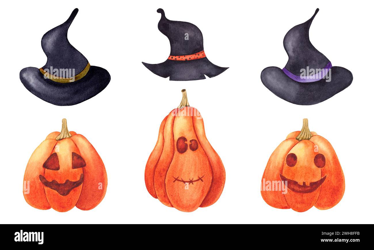 Set di zucche di Halloween acquerello con cappelli. Zucche scolpite. Illustrazioni delle festività disegnate a mano isolate su sfondo bianco. Foto Stock