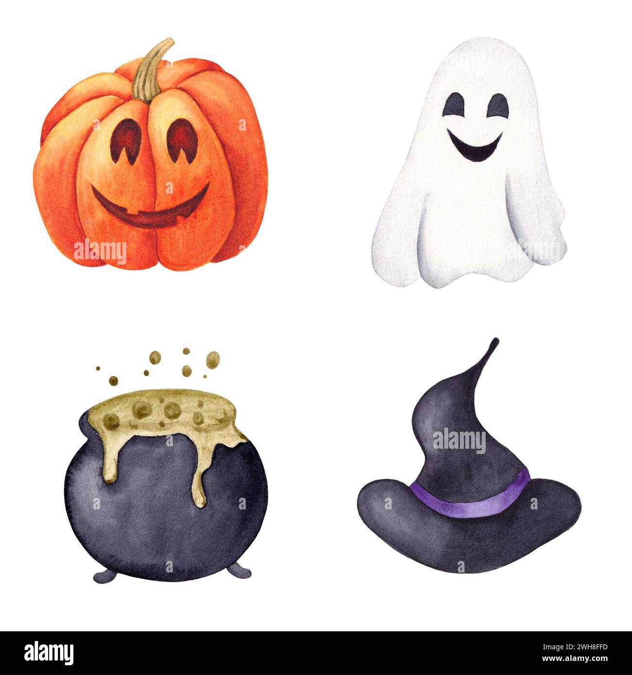 Set Halloween acquerello. Zucca sorridente, fantasma volante, cappello da strega e calderone con bolle d'incantesimo Foto Stock