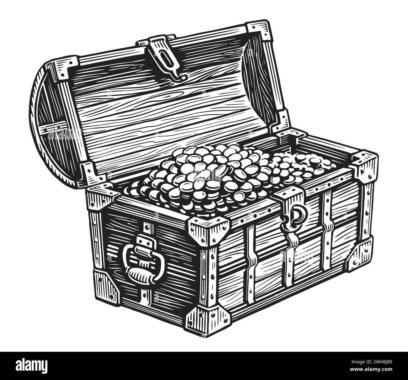 Cassa pirata in legno piena di tesori di monete d'oro. Illustrazione del vettore di schizzo disegnato a mano Illustrazione Vettoriale