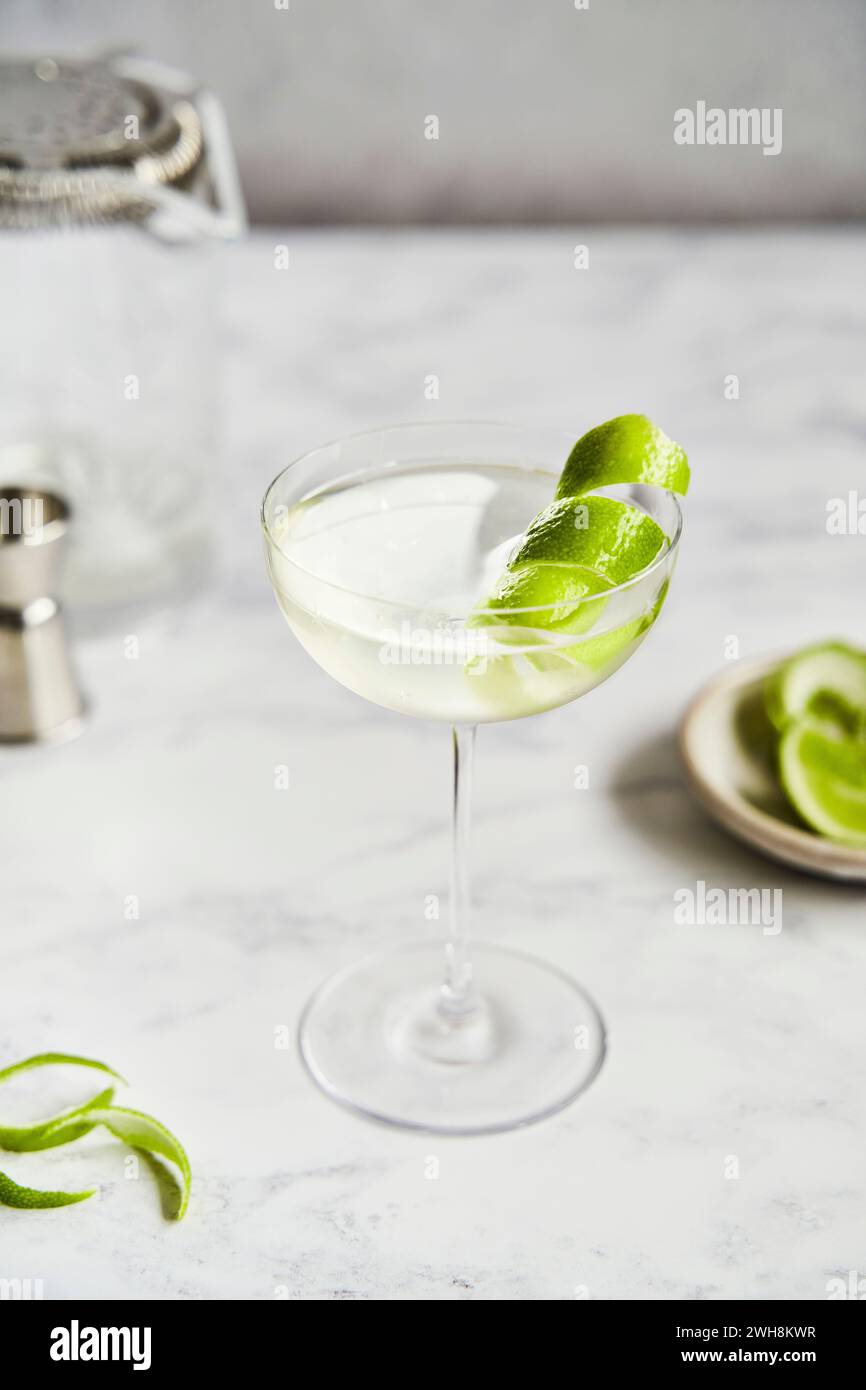 Vodka lime martini con set da cocktail e fette di lime Foto Stock