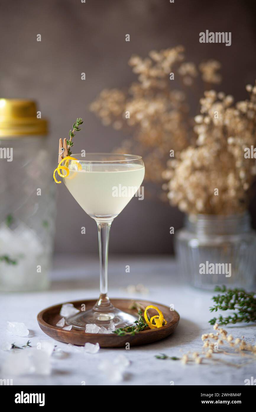 Un cocktail di vodka e limone servito in un bicchiere di Nick e Nora e guarnito con una spirale di scorza di limone e timo fresco. Foto Stock