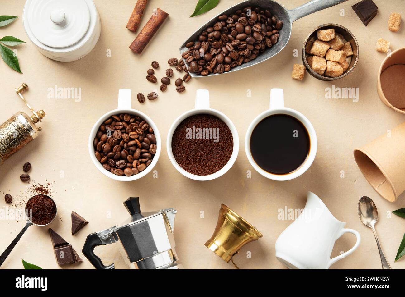 Un'esplorazione visiva del viaggio del caffè dal chicco alla tazza Foto Stock