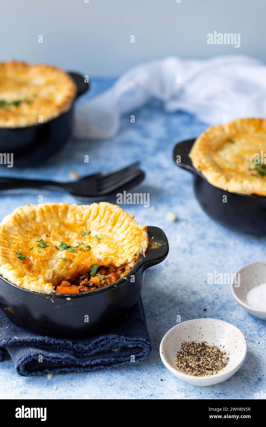 Padelle di manzo in una ciotola nera Foto Stock