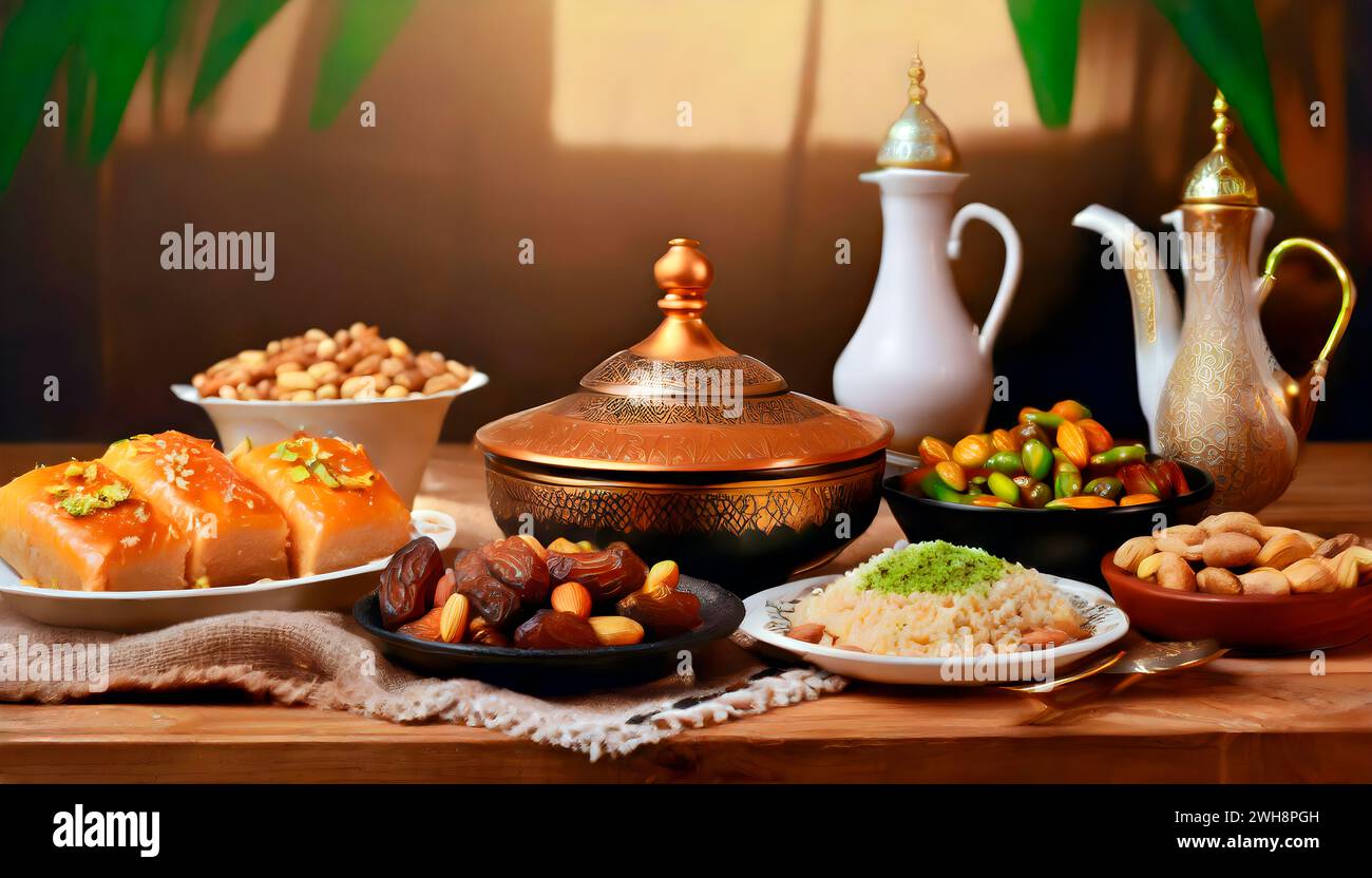 Tavola di abbondanza: Allettante piatto di Iftar Ramadan attende la festa serale' Foto Stock