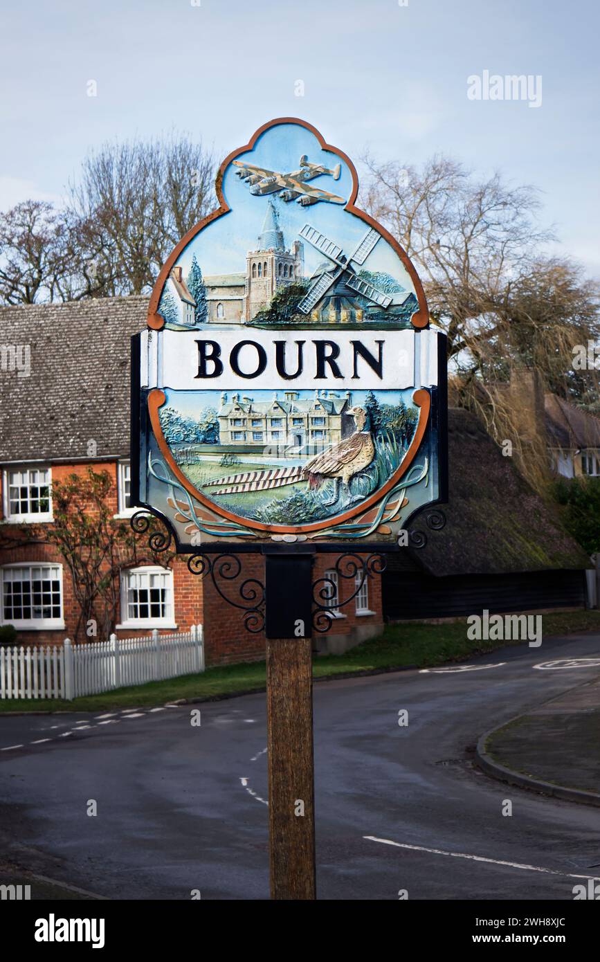 Insegna del villaggio a Bourn, Cambridgeshire Foto Stock