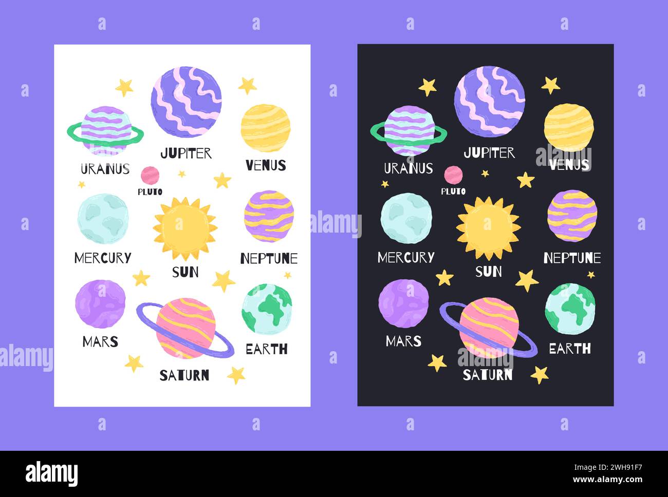 Poster spaziale con simpatici pianeti in stile cartoni animati disegnati a mano. Illustrazione vettoriale Illustrazione Vettoriale