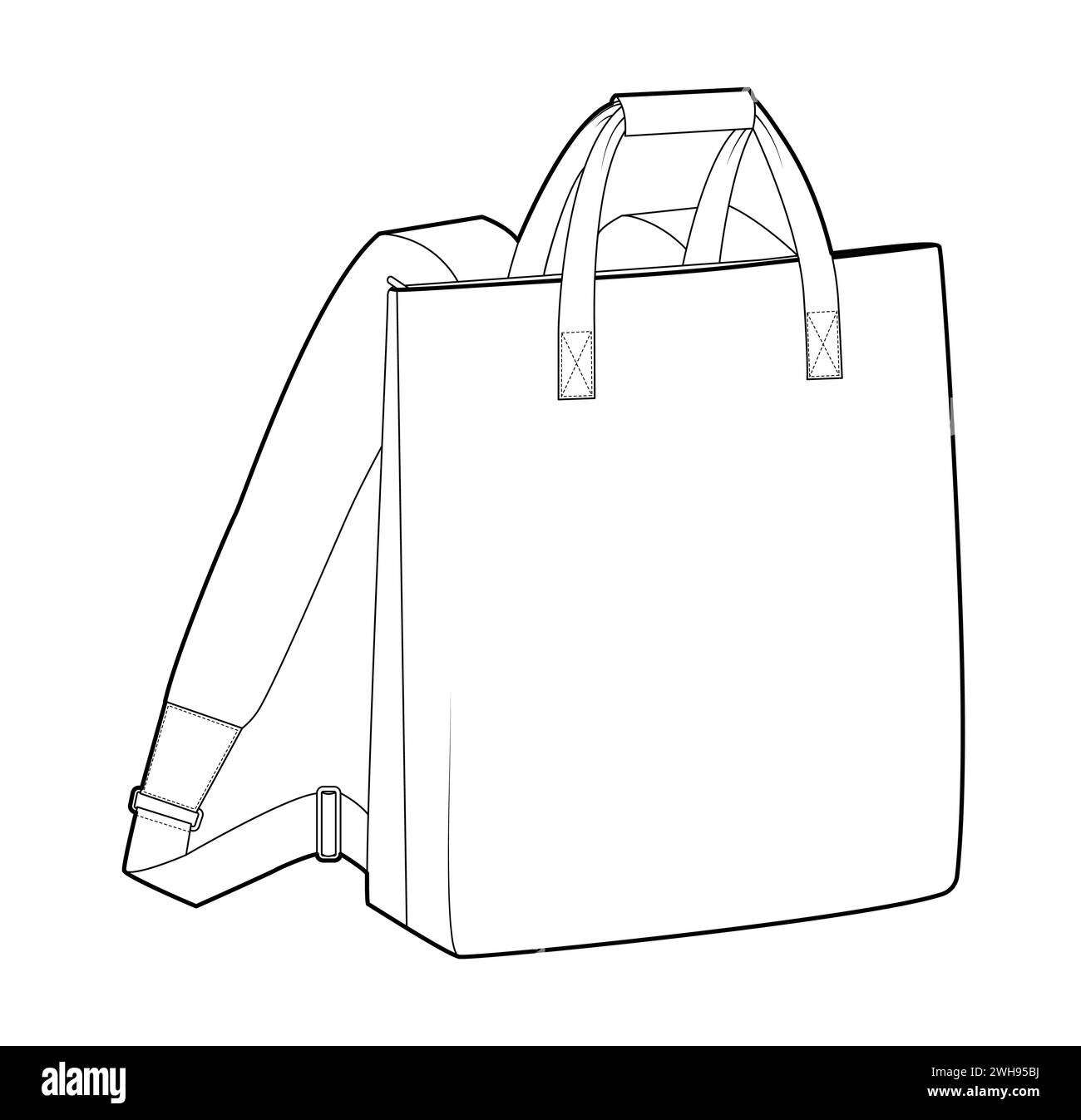 Borsa tote convertibile con manici e silhouette a zaino. Illustrazione tecnica degli accessori alla moda. Borsa scolastica vettoriale a 3-4° per uomo, donna, modello unisex, borsa piatta con disegno CAD isolato Illustrazione Vettoriale