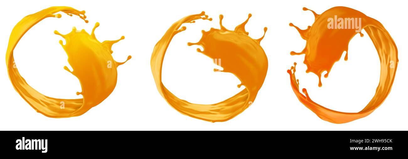 Illustrazione di spruzzi di liquido arancione con flusso curvo in 3 diverse tonalità Foto Stock
