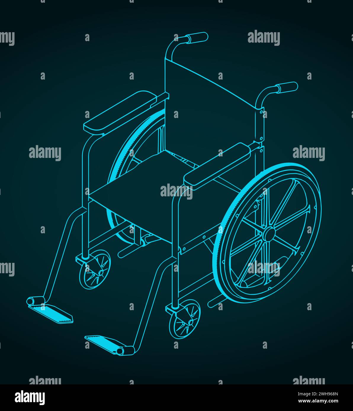 Illustrazione vettoriale stilizzata del progetto isometrico della sedia a rotelle Illustrazione Vettoriale