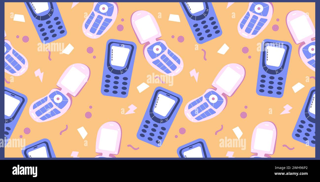 Disegno a mano senza cuciture con telefoni cellulari retrò. Design vettoriale colorato. Illustrazione Vettoriale
