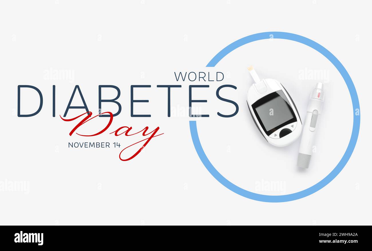Giornata Mondiale del diabete. Glucometro digitale, striscia reattiva e penna a lancetta su sfondo bianco, vista dall'alto. Design banner Foto Stock