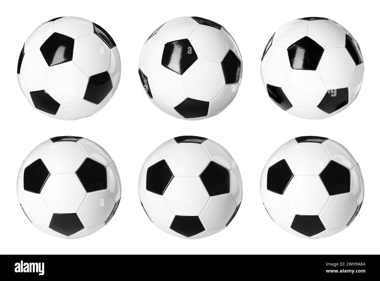 Pallone da calcio isolato su lati bianchi diversi Foto Stock