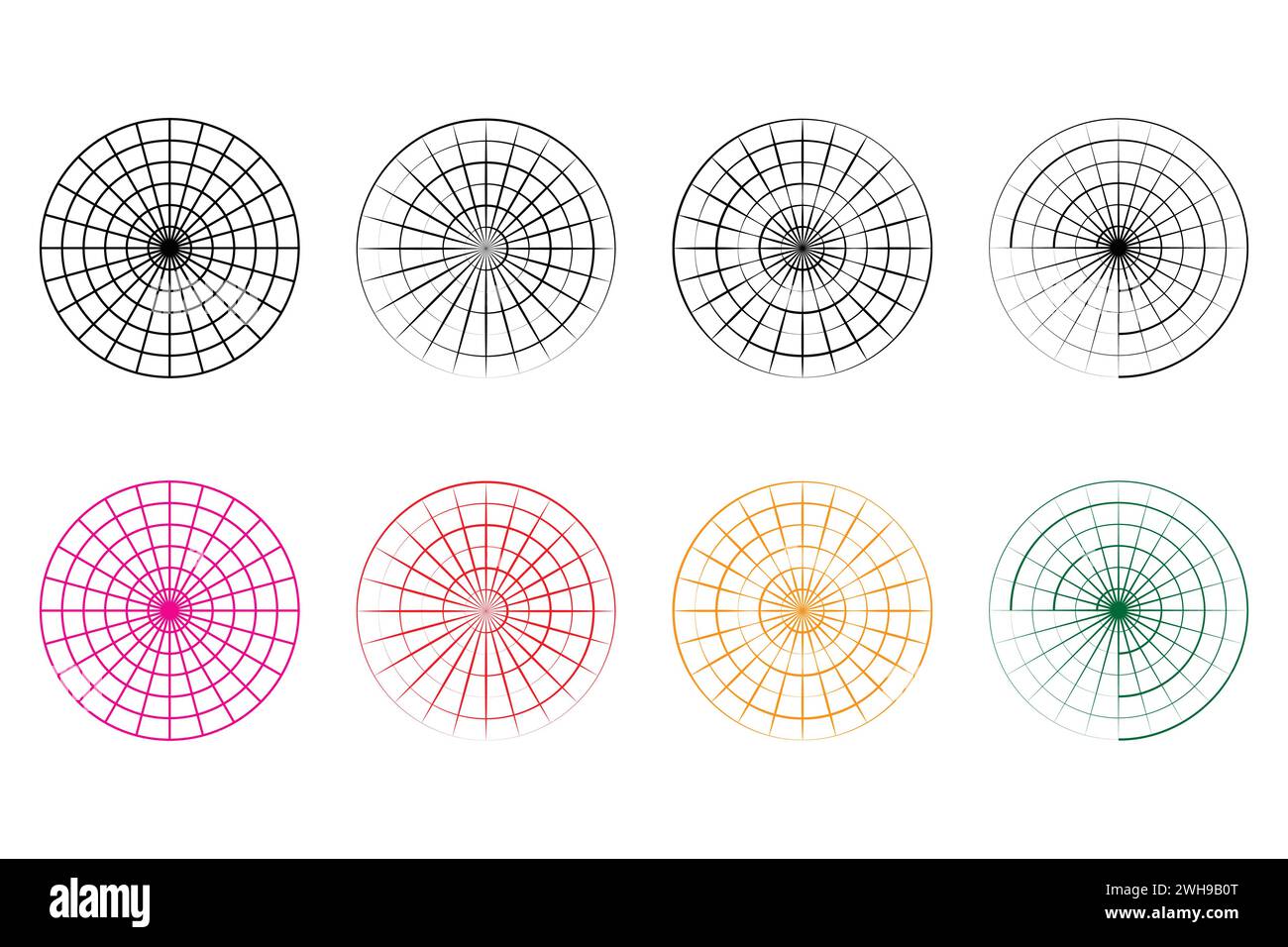 Griglia polare isolata, vettore circolare coordinata polare. Illustrazione Vettoriale