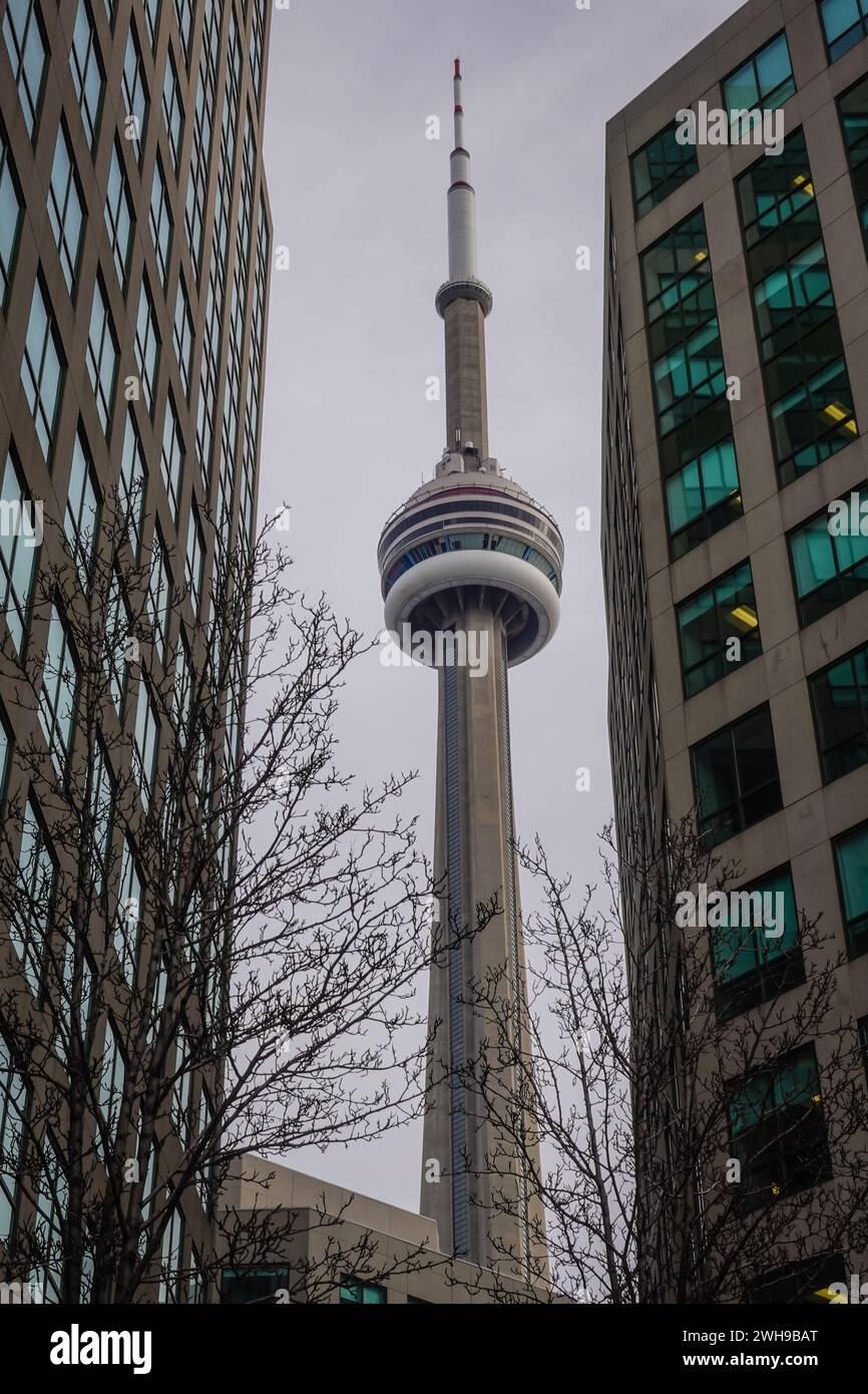 La CN Tower di Toronto, incorniciata tra due edifici Foto Stock