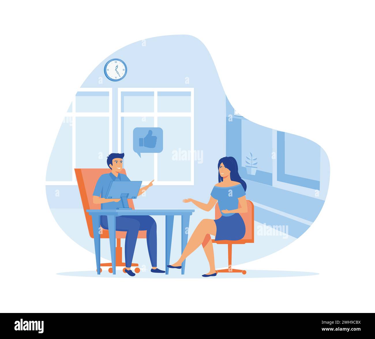 Colloquio di lavoro con donne. Chi cerca lavoro e il datore di lavoro si siedono al tavolo e parlano. illustrazione moderna vettoriale piatta Illustrazione Vettoriale