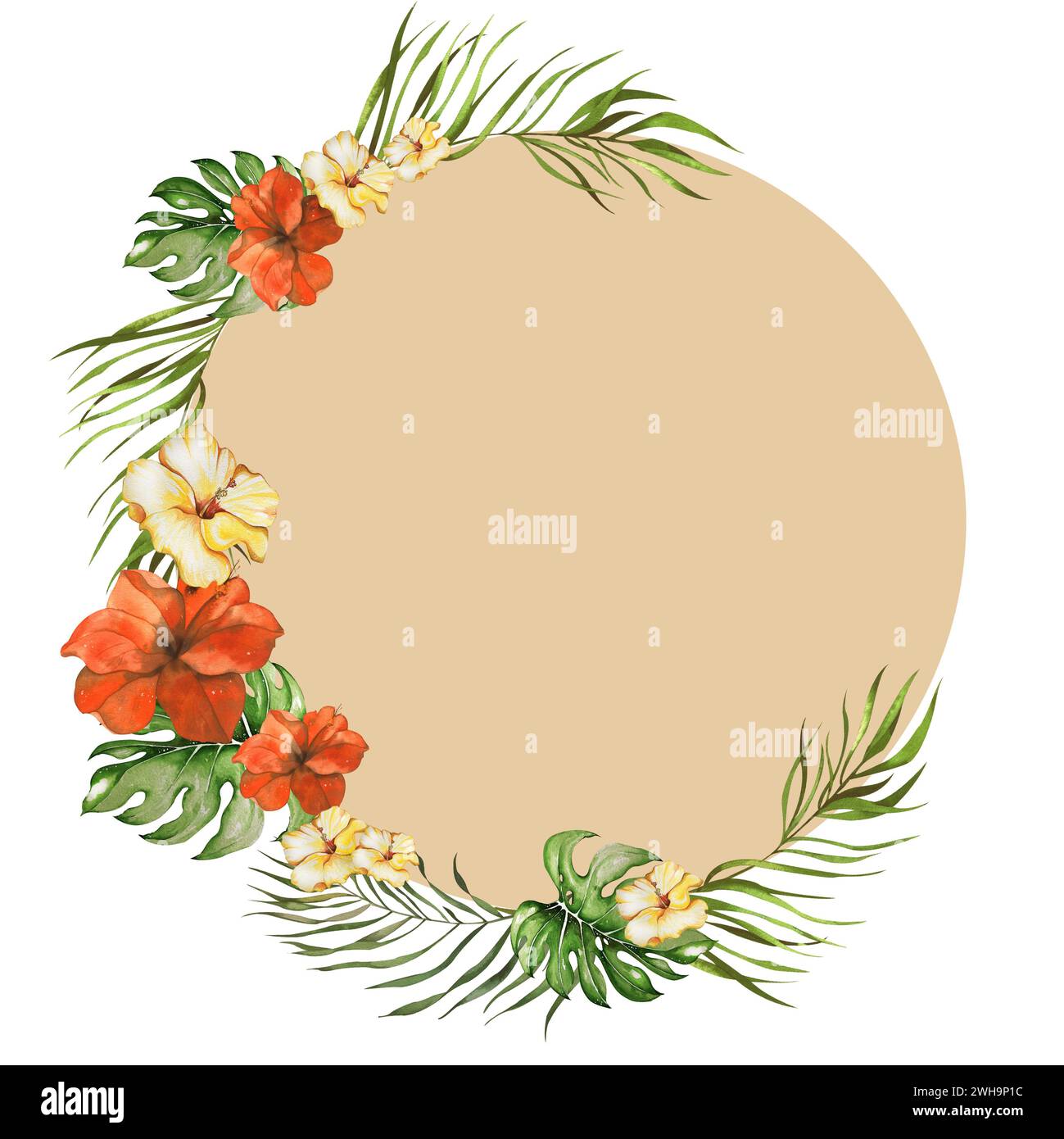 cornice rotonda in acquerello realizzata con fiori di ibisco e rami di palma su sfondo beige. illustrazione ad acquerello fatta a mano. isolato su un backgroun bianco Foto Stock