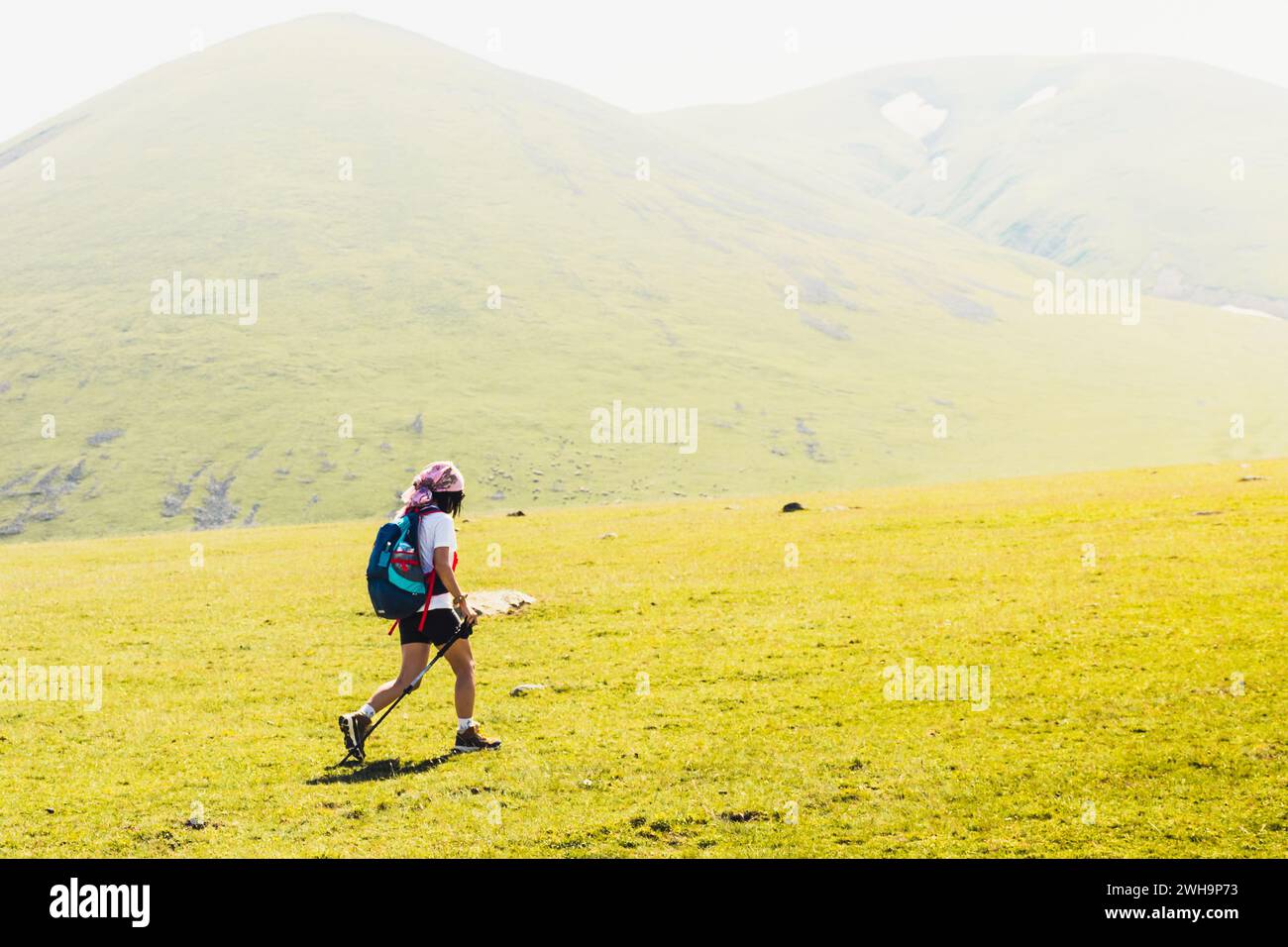 Vista laterale idoneità sportiva escursionista femmina con bastoni nordic walk andare in salita nel sentiero verde escursioni in caucasica montagne. Attività ricreative e sano l Foto Stock