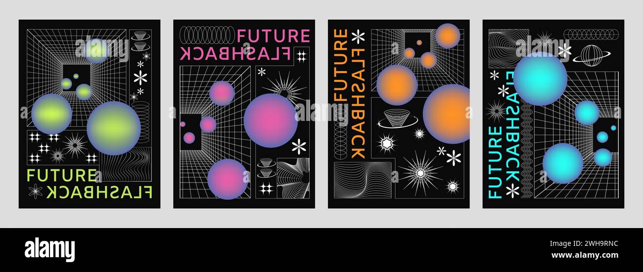 Design del poster Y2K con superficie della griglia in prospettiva astratta e sfera colorata sfumata. Set vettoriale di striscioni e copertine in stile retrò anni '2000 Illustrazione Vettoriale