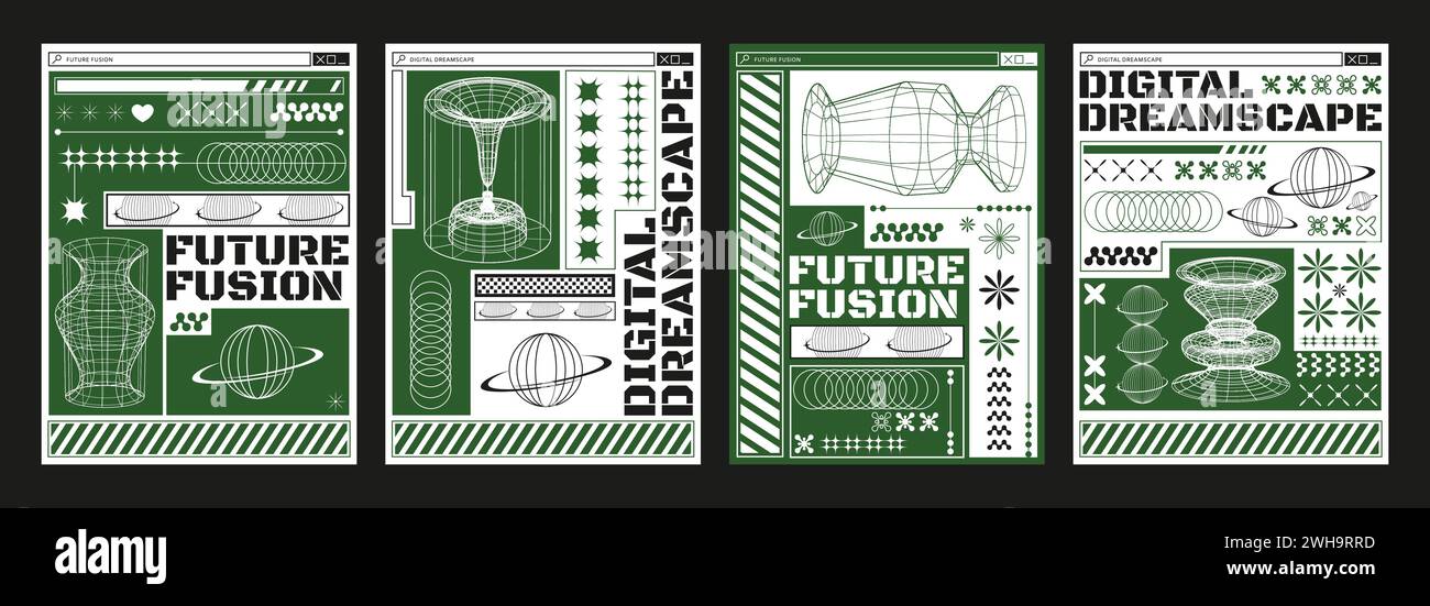Modello di design poster in stile estetico y2k con forme di tunnel 3d a griglia astratta, icone semplici e blocco di testo. Set vettoriale di bann anni '90 e '2000 Illustrazione Vettoriale