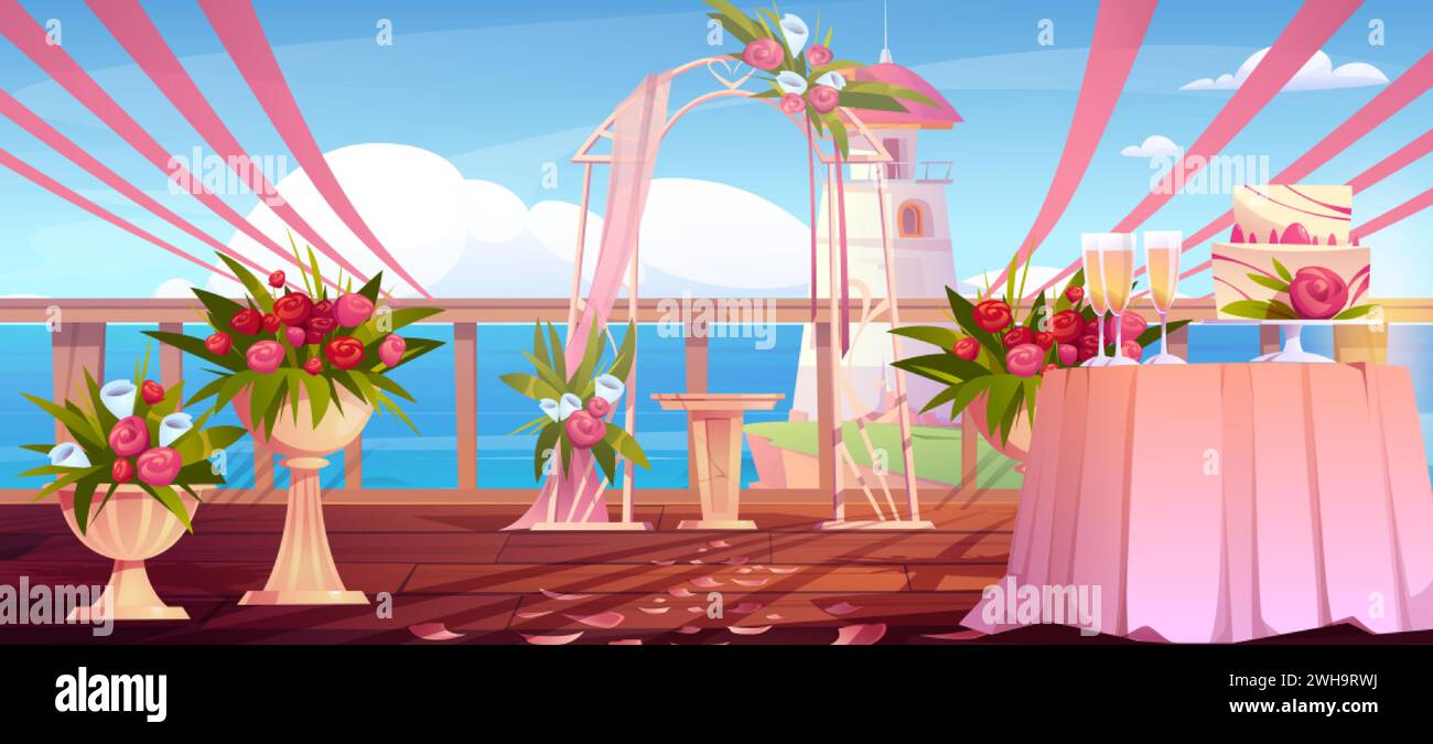 Scena della cerimonia di nozze sulla spiaggia di mare. Illustrazione vettoriale di un patio in legno decorato con nastri rosa, fiori in vasi, arco romantico, vino gl Illustrazione Vettoriale