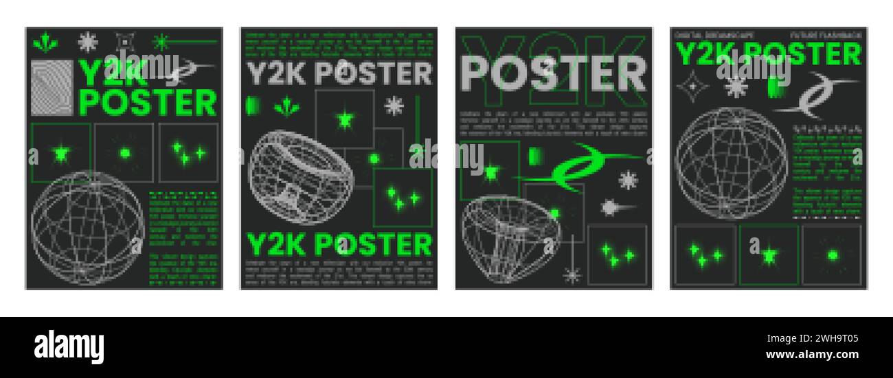 Set di striscioni in tecno estetico Y2K. Illustrazione vettoriale realistica di manifesti a forma di retroonda con toro a reticolo verde e pianeta su sfondo nero, Illustrazione Vettoriale