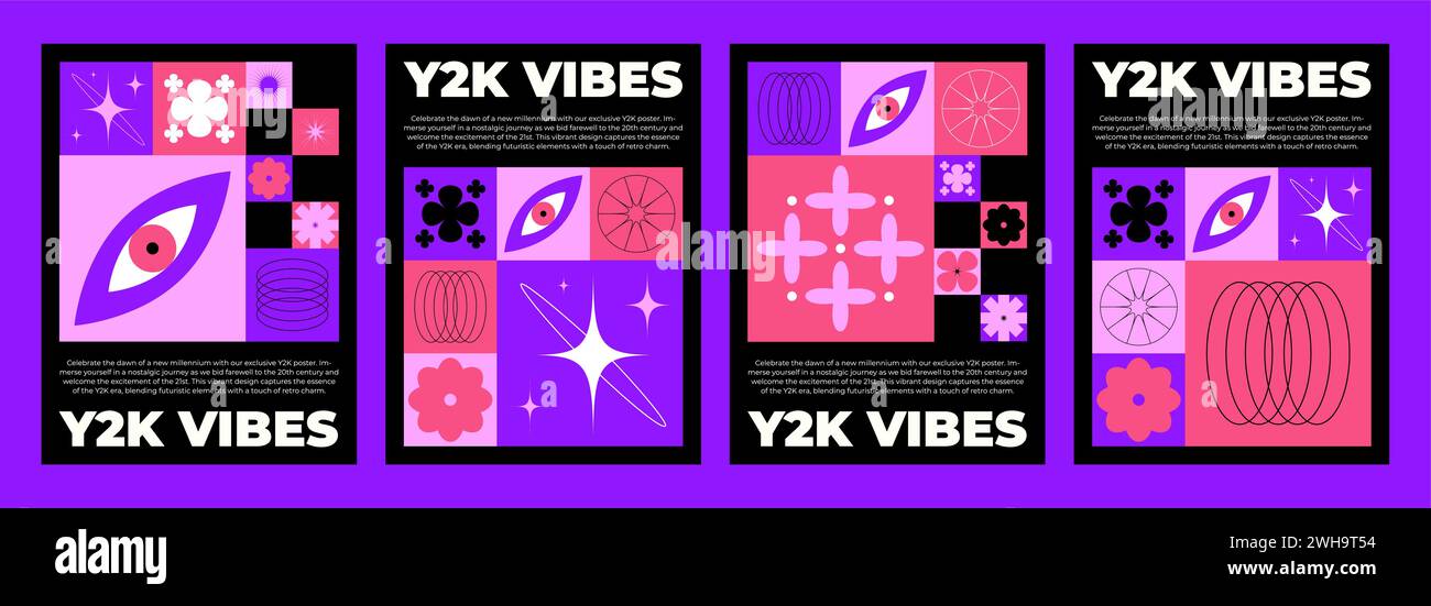 Layout del poster o della copertina in stile retrò Y2K con elementi semplici astratti di colore rosa neon brillante e viola. Layo estetico per volantini e banner anni '2000 Illustrazione Vettoriale