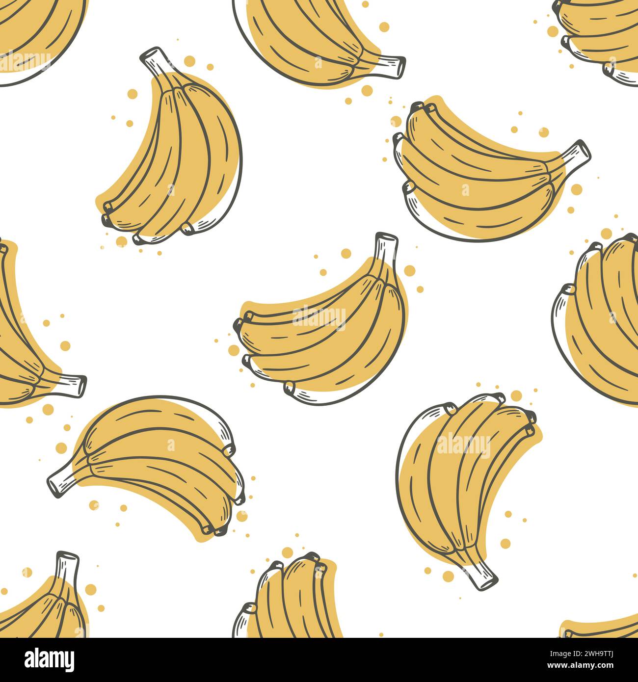 Immagine di sfondo delle banane gialle mature. Motivo senza cuciture con mazzo di banana inciso a mano a inchiostro. Stampa di frutta tropicale per tessuti, imballaggi, carta e design Illustrazione Vettoriale