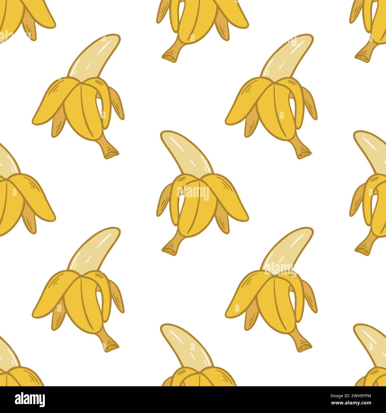 Illustrazione di sfondo gialla delle banane mature. Banane sbucciate senza cuciture. Stampa estiva Tropical Fruit per tessuti, imballaggi, carta e design Illustrazione Vettoriale