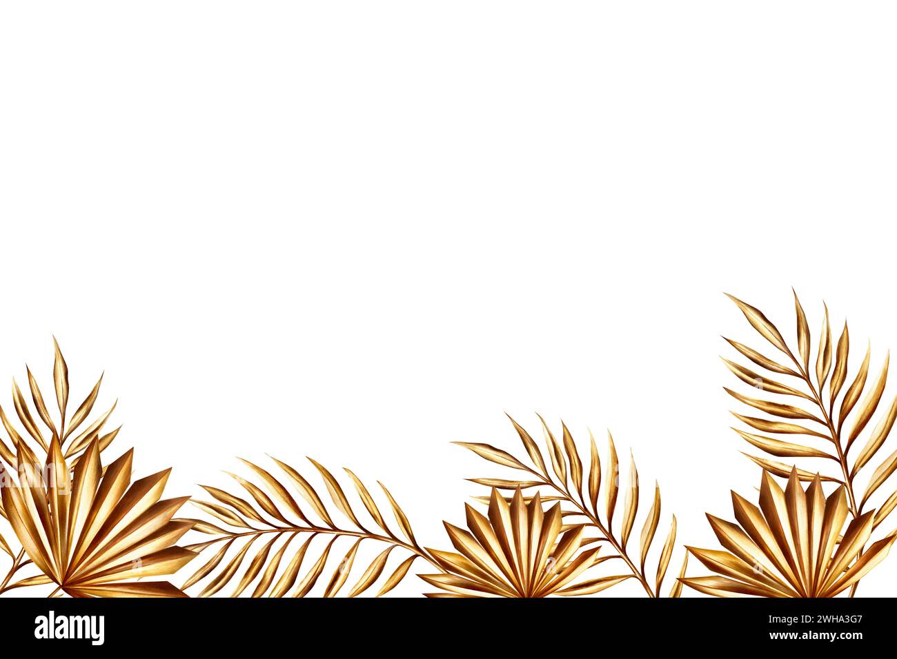 Striscione ad acquerello con ramo dorato della palma da dattero, illustrazione in erba di pampas isolata sullo sfondo. Modello botanico, matrimonio e Ramadan Kareem o ei Foto Stock