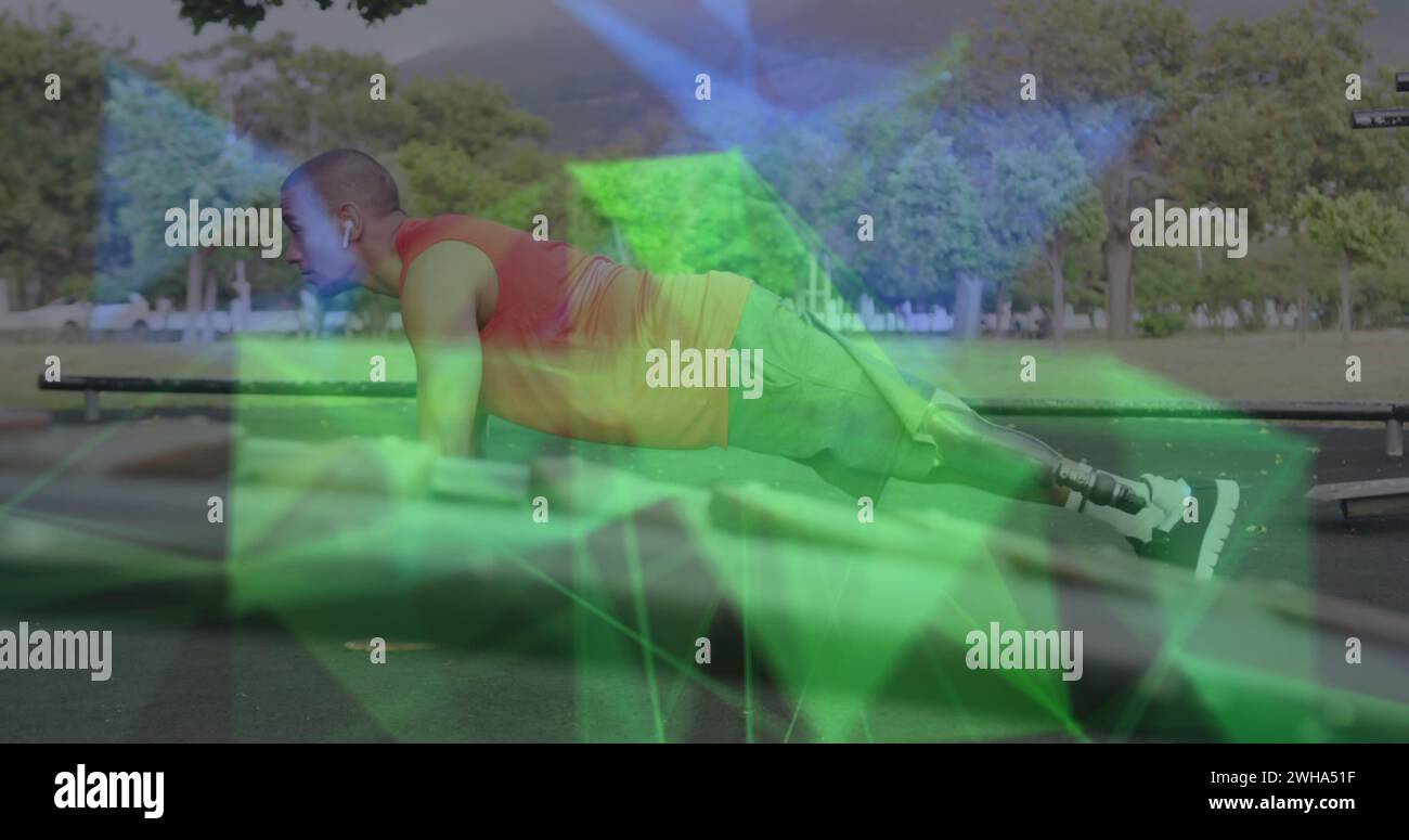 Immagine della rete di comunicazione gialla su un atleta maschile con una gamba protesica che fa pressioni Foto Stock