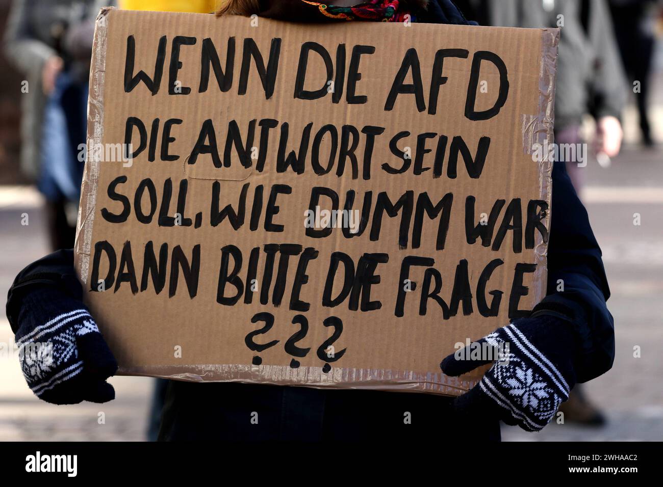 Demo gegen Hass und Hetze - Kundgebung gegen die AfD und Rechtsextremismus - GER, Germania, Deutschland, Eschwege, 27.01.2024 - Eschwege: Sechshundertundfünfzig Menschen protestieren im Rahmen einer Kundgebung vor dem Rathaus auf dem Eschweger Marktplatz gegen die AfD und Rechtsextremismus unter dem motto ãDer Werra-Meißner-Kreis bleibt bunt C Gemeinsam gegen Hass und HetzeÒ, die vom BraunÒ statt Aktionsbündnis ãBunt ausgerichtet wurde. Hauptauslöser der zahlreichen Demonstrationen gegen die AfD waren die Recherchen von CORRECTIV Recherchen für die Gesellschaft gemeinnützige GmbH. Demoschil Foto Stock