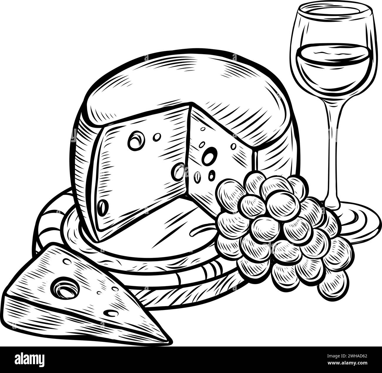 Testa di formaggio e uva sul tagliere disegno della linea. Illustrazione Vettoriale