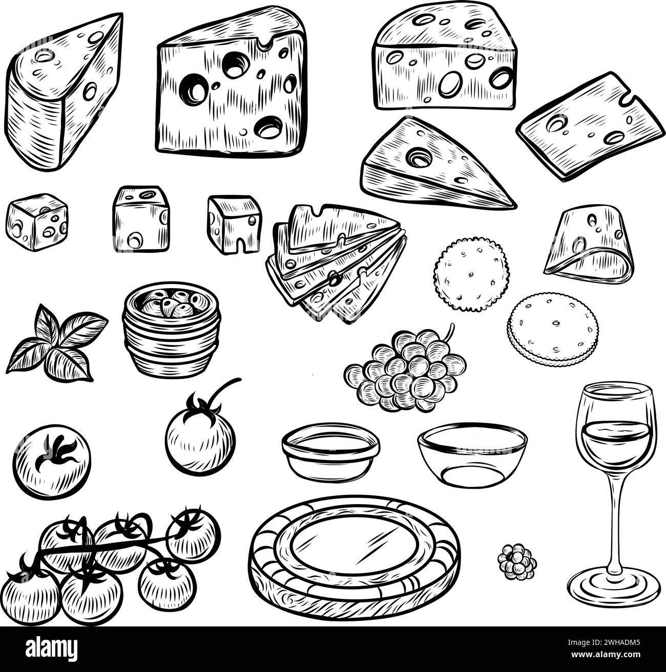 Set di disegni per degustazione di formaggi e vini. Illustrazione Vettoriale