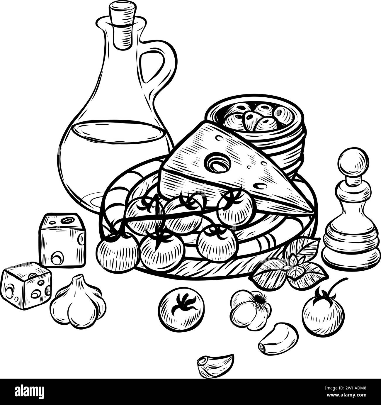 Formaggio e olio d'oliva sul tagliere immagine vettoriale STILL Life incisa. Illustrazione Vettoriale