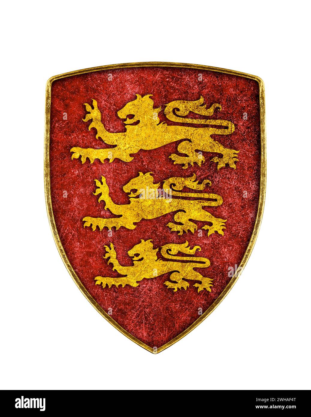 Scudo medievale britannico con tre leoni isolati su sfondo bianco. Foto Stock