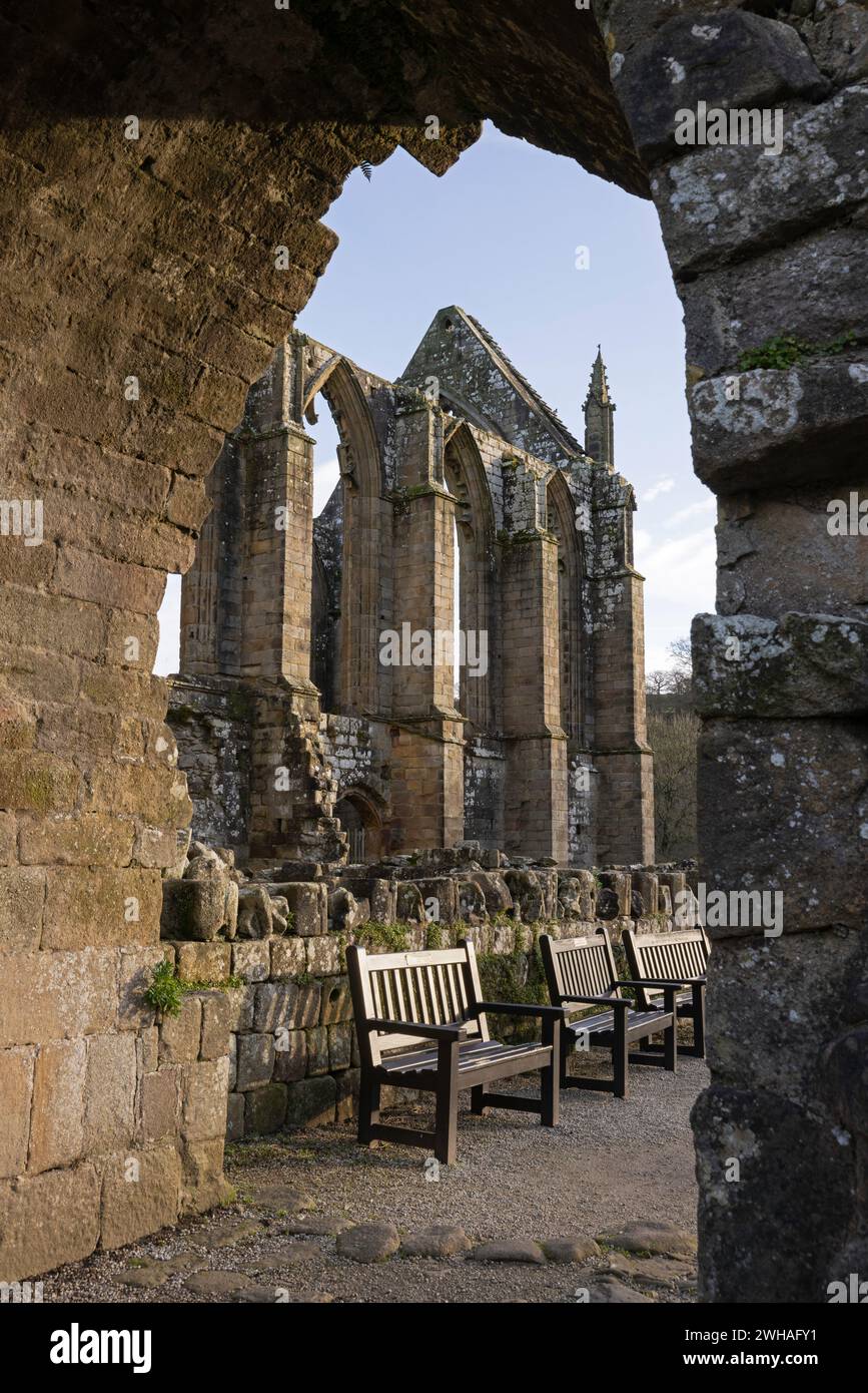 Arch way presso Bolton Abbey, un priorato in rovina e popolare località turistica nello Yorkshire Dales, Regno Unito Foto Stock