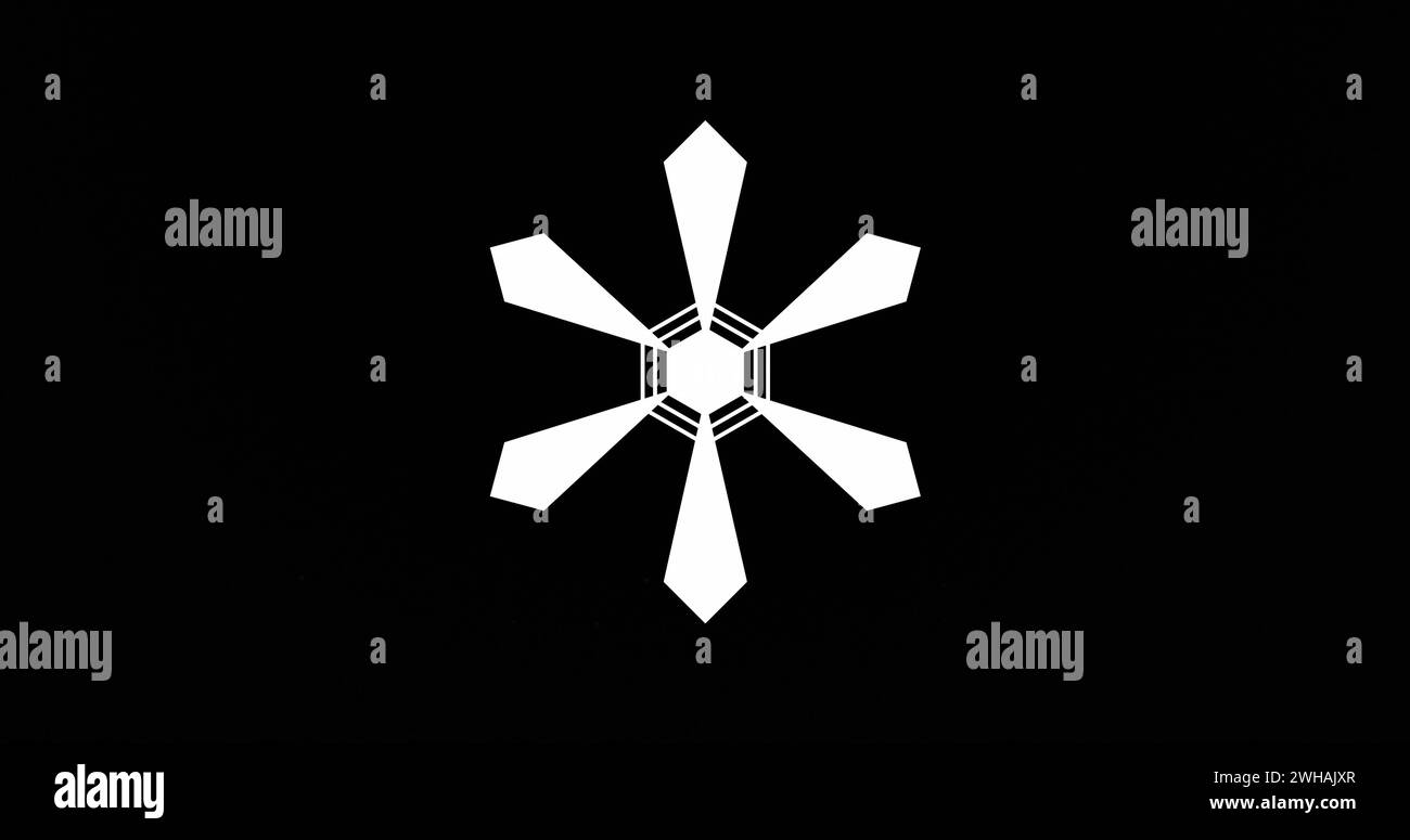 Il design geometrico bianco con fiocco di neve si distingue su uno sfondo nero Foto Stock