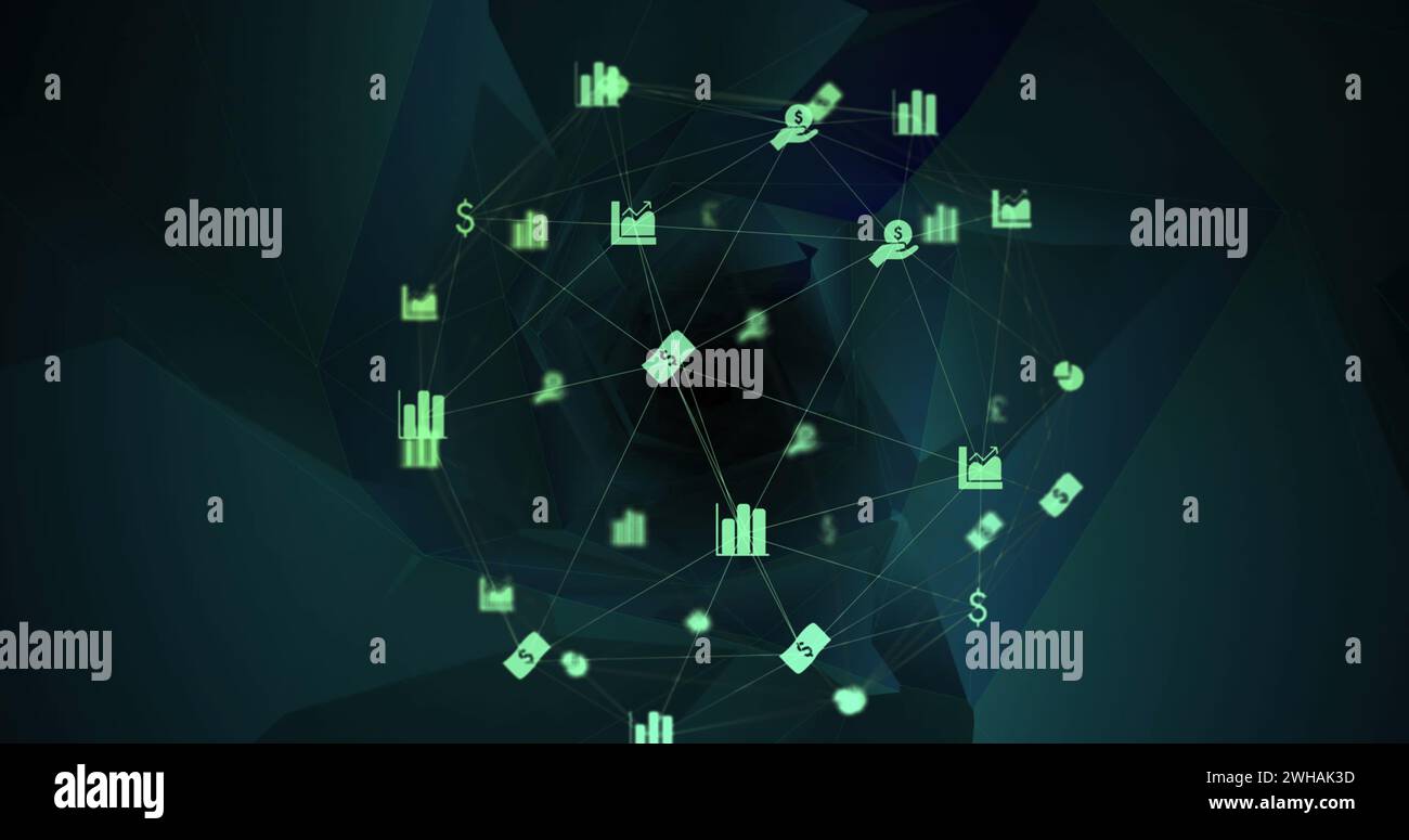 Immagine delle connessioni con icone sullo spazio digitale con forme Foto Stock