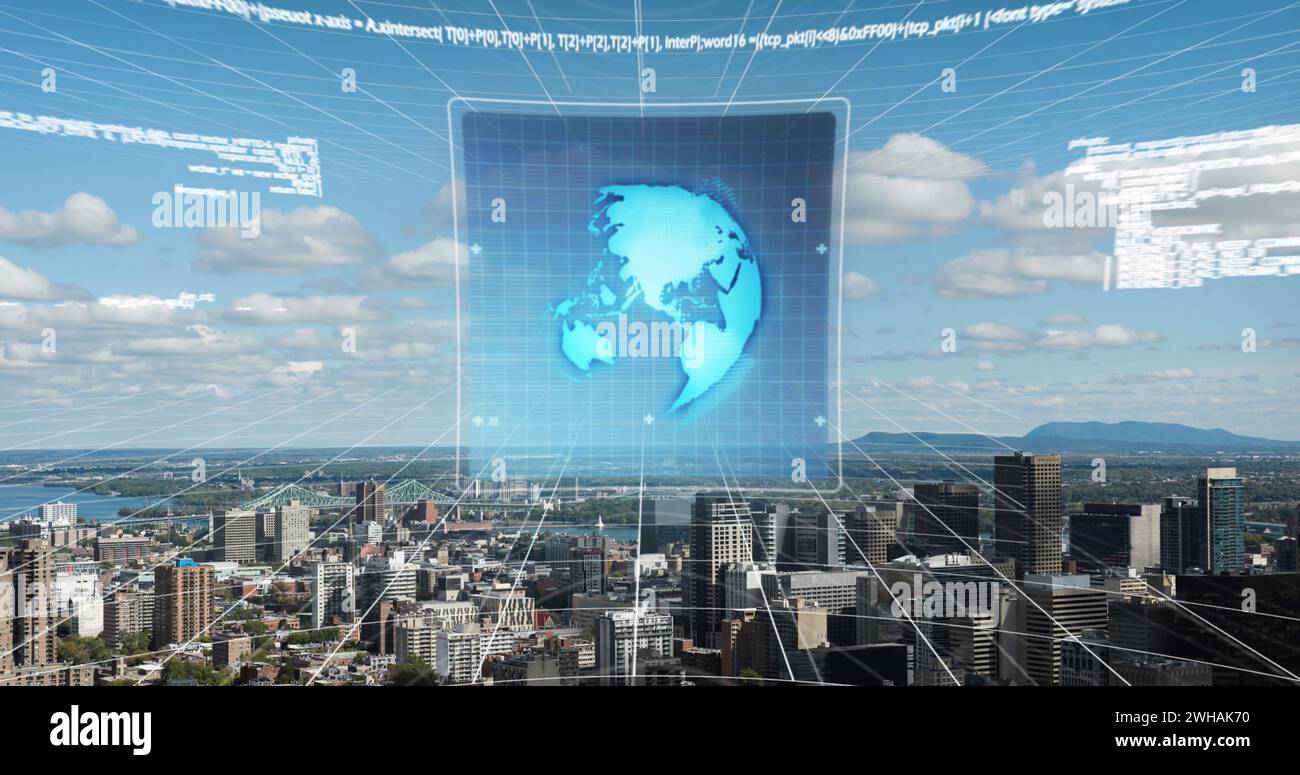 Una futuristica esposizione olografica della Terra si libra sopra lo skyline della città Foto Stock