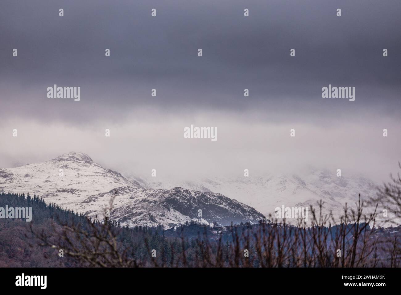 9 febbraio 2024. Cumbria, Regno Unito. , . Meteo nel Regno Unito. Neve sulle alte colline sopra e intorno al lago Windermere, Cumbria meridionale, il Lake District . Crediti: Gordon Shoosmith/Alamy Live News Foto Stock