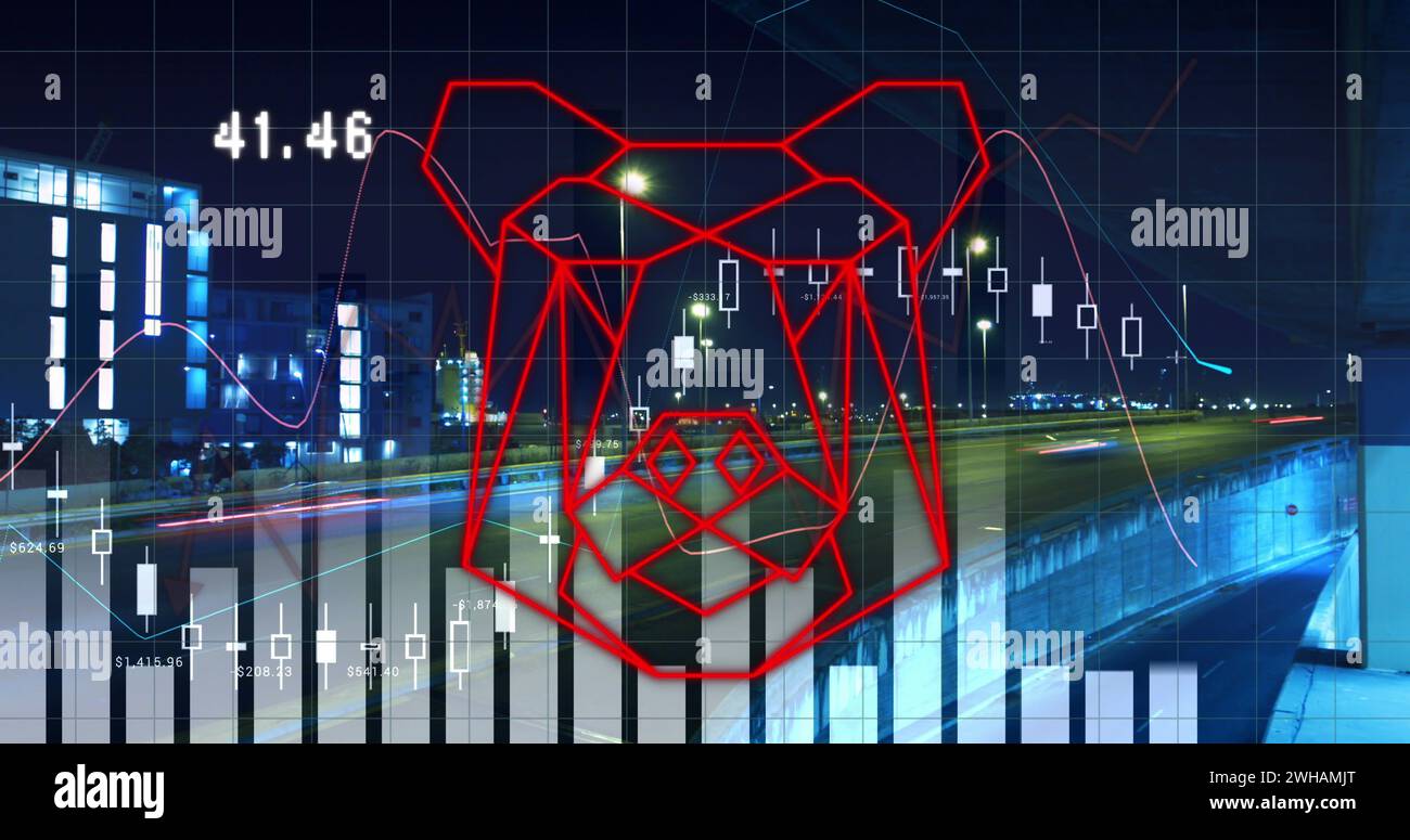 Immagine di grafici e testa di orso su un paesaggio urbano notturno Foto Stock