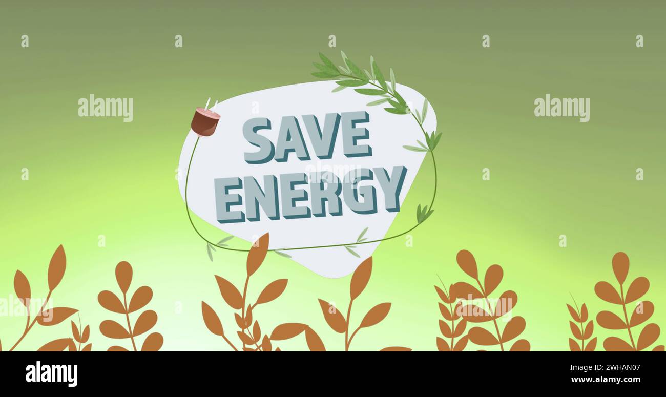 Immagine di risparmio energetico e collegamento su sfondo verde con le piante Foto Stock