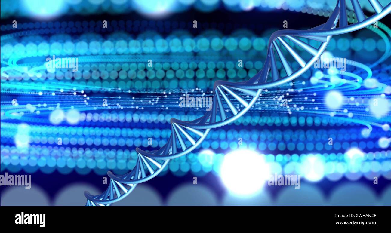 Immagine del filamento di dna che gira con spazio di copia su sfondo blu e nero Foto Stock