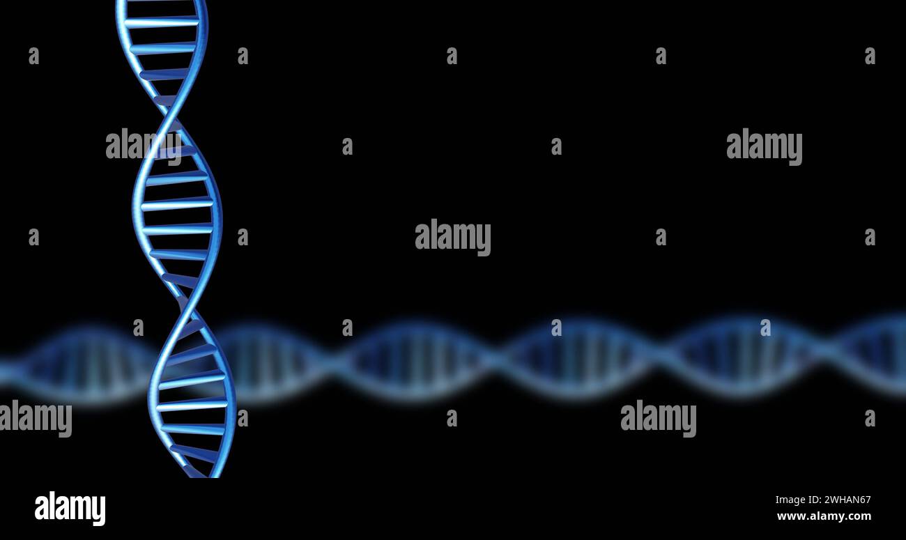 Immagine di filamenti di dna che ruotano con spazio di copia su sfondo nero Foto Stock