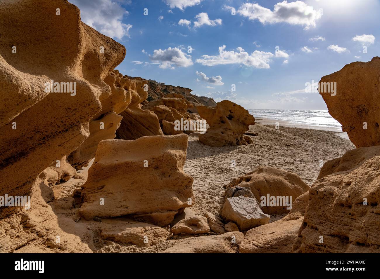 Arenaria a forma astratta formata dal vento e dall'acqua fotografata a Beit Yanai Beach, Israele Foto Stock