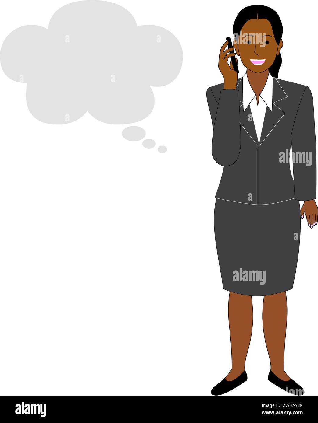 Donna nera con un cellulare, sfondo bianco. Illustrazione Vettoriale